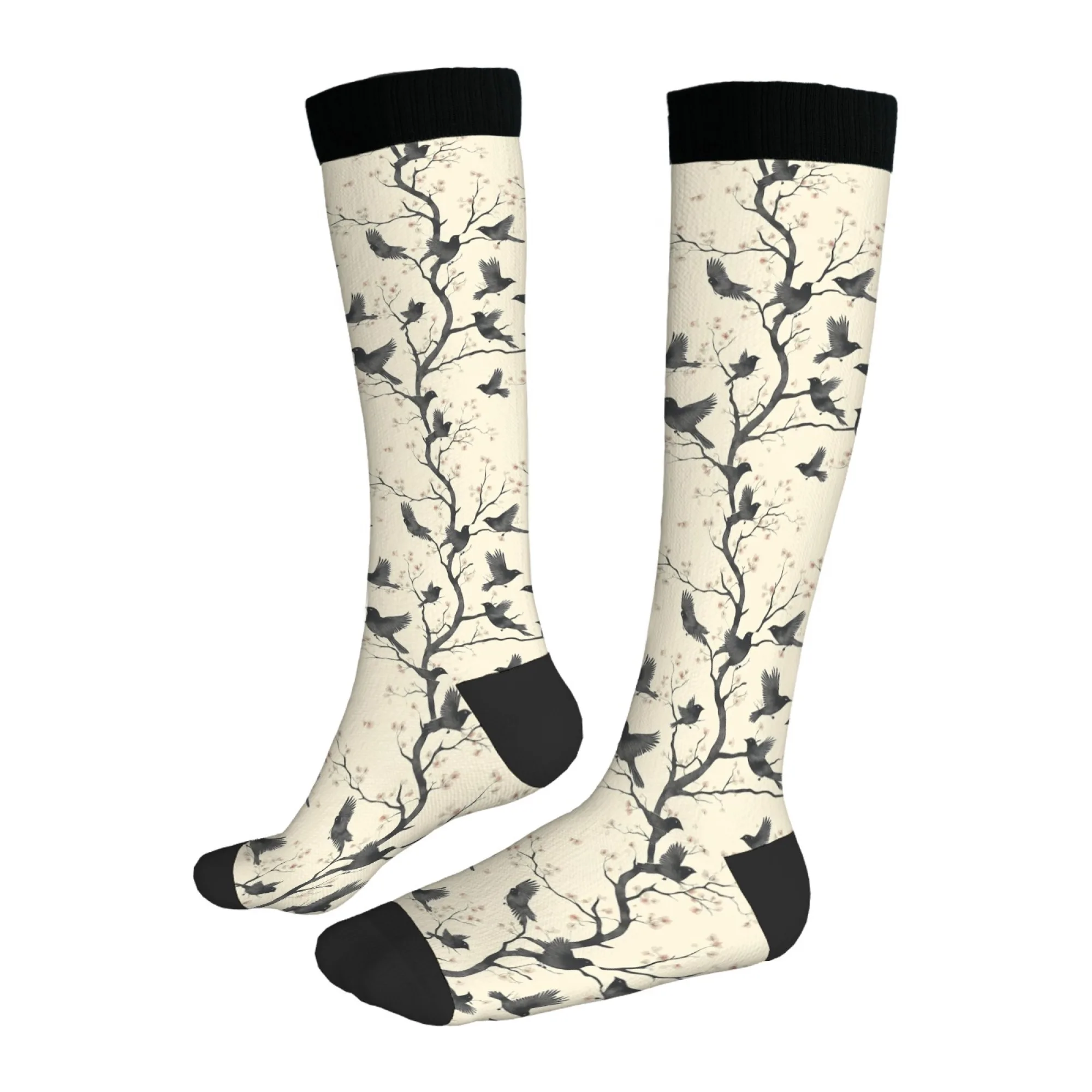Literary Style Retro Knee High Socks Cute Branch & Bird Print Cream-white Tones Skin-Friendly Durable Stitching Party Looks
