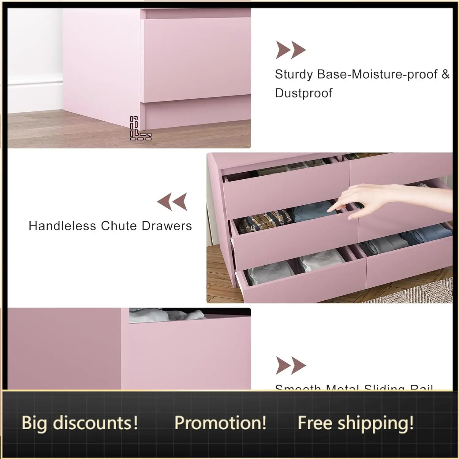 6 Drawer Double Dresser, Modern Chest of Drawers with Wide Storage for Closet, Bedroom, Living Room, Pink