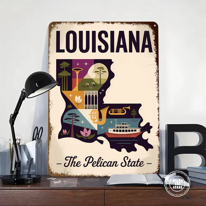 Louisiana: The Pelican State Art Print Printing Poster Customized Retro Wall Art Vintage Metal Signs for Room Luxury Home Decor