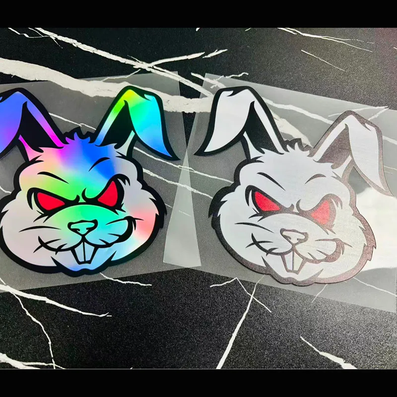 1PC Devil Rabbit Motorcycle Vinyl Stickers - Waterproof with Laser Effect, Glowing Red Eyes & Reflective Color-Changing Design
