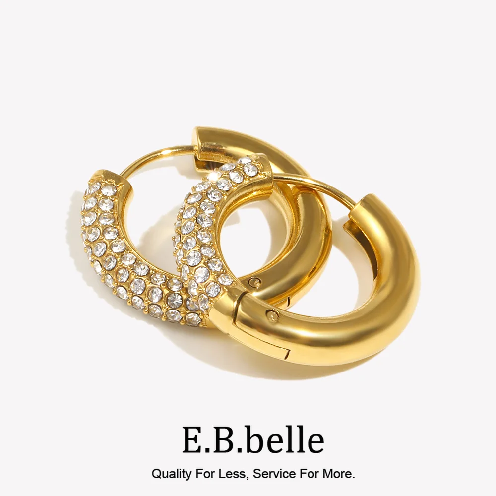 E.B.belle Circular Semi Inlaid Zircon Earrings Silver Color 316L Stainless Steel Women\'s Earrings 18K Gold Plated Jewelry