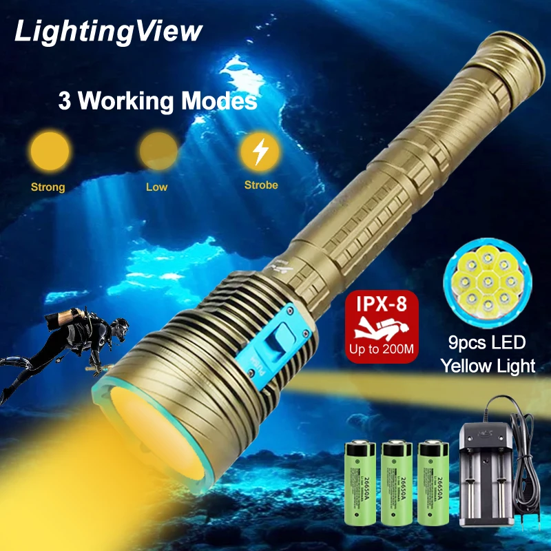 Ultra Bright 9xT6/L2 Scuba Diving Flashlight Underwater Lantern Yellow/White 8000LM Tactical Spearfishing Torch 26650 Battery