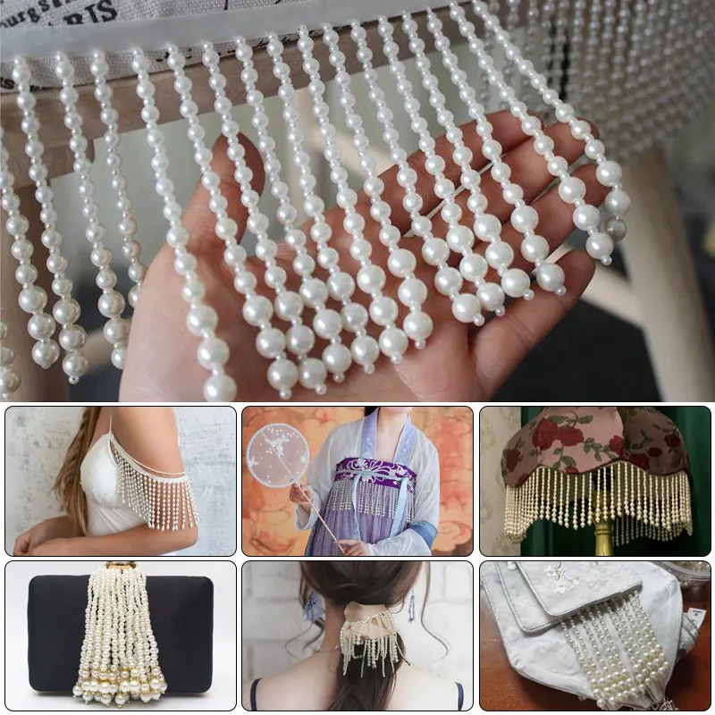 

50/100cm Beaded Pendant Tassel Lace Trim Imitation Pearl Fringe Trimming DIY Dress Stage Clothes Curtain Upholstery Decor Crafts