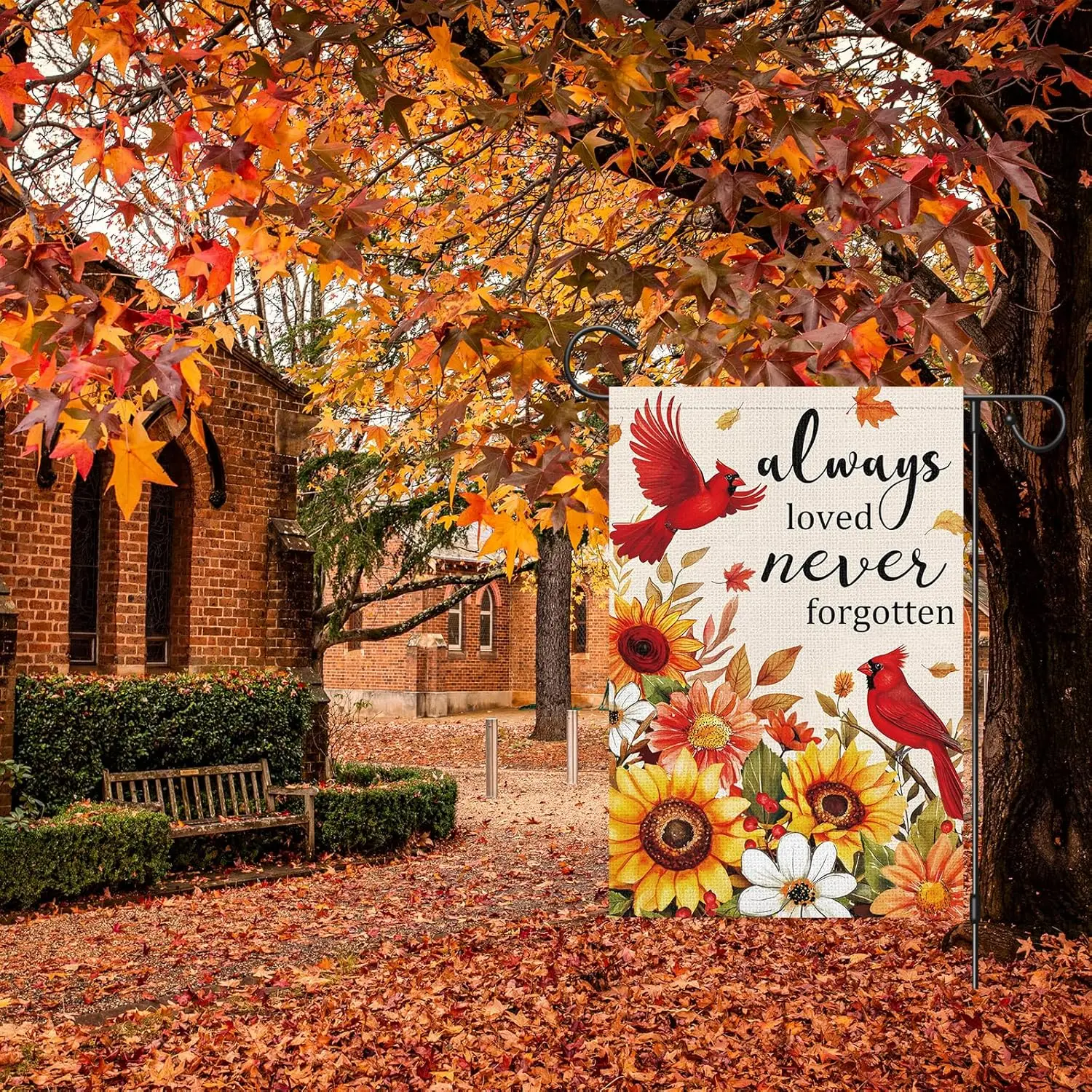 Always Loved Never Forgotten Memorial Garden Flag 12x18 Inch Double Sided, Fall Thanksgiving Cardinal Sunflower Cemetery Yar PPZ