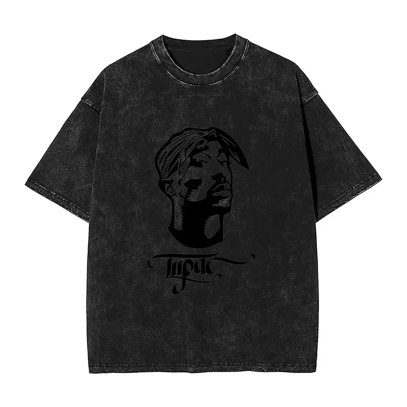 Tupac 2PAC Hip Hop Washed T Shirt Couple Sketch Rapper Vintage Simple T-Shirts Beach O Neck Fashion Tee Shirt Oversized Clothing