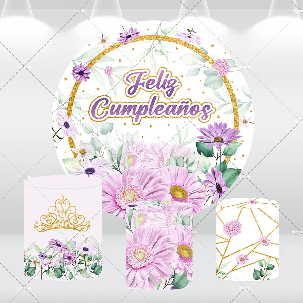 Purple Lilac Floral Quinceañera Crown Round Backdrop Cover Happy Birthday Circle Photography Background Photobooth Table Banner