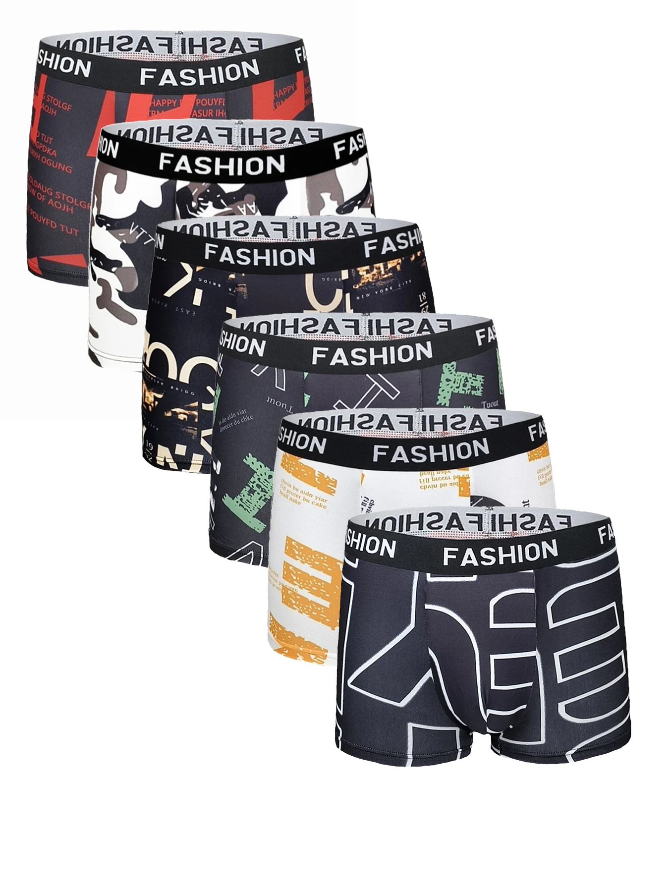 

Men's 6-Pack Polyester Boxer Briefs - "FASHION" Waistband, Assorted Urban Graffiti & Pop Art Pattern Underwear Set