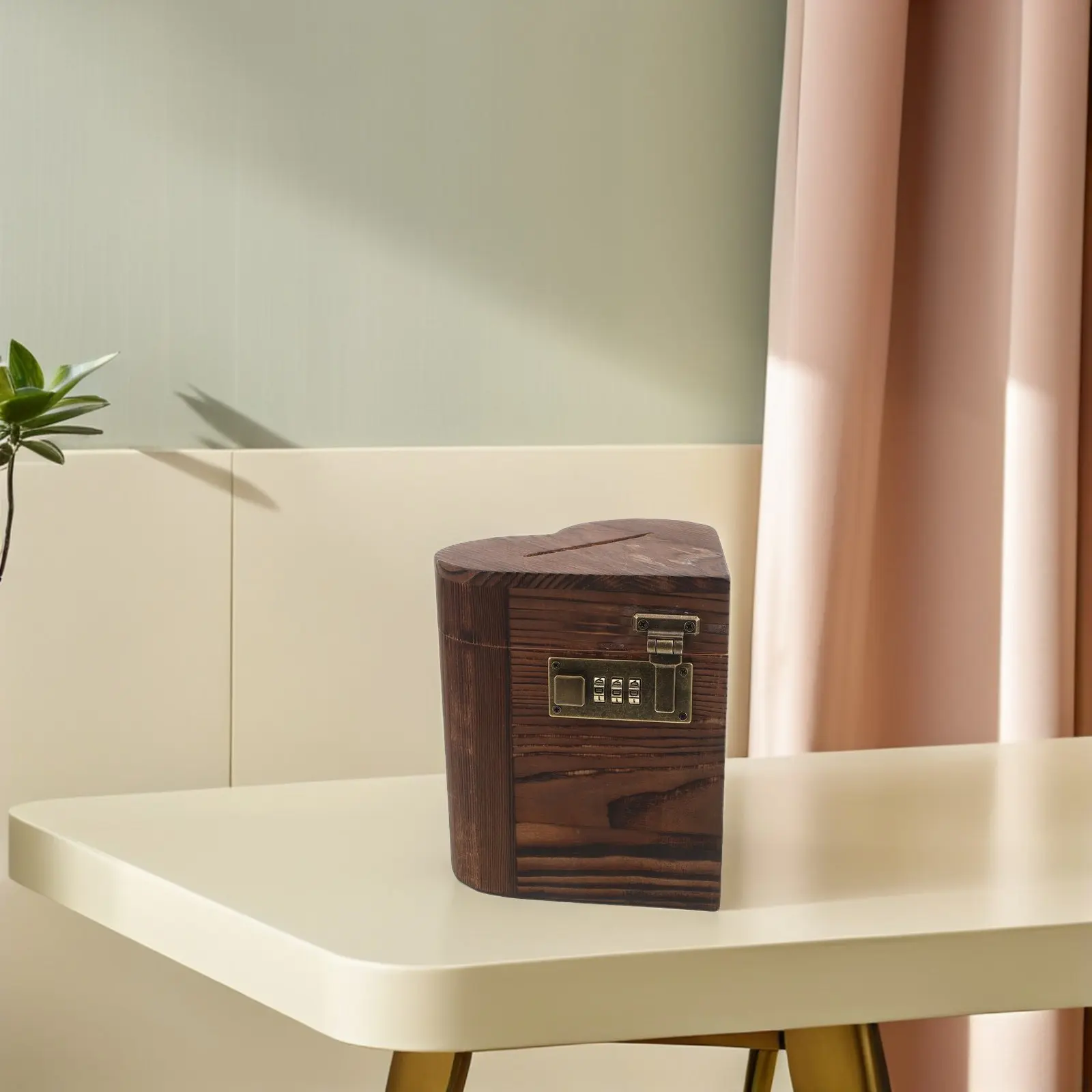 Lockable Heart Shaped Coin Bank Wooden Passcode Lock Box Rustic Decorative Savings Bank Money Storage Box for Couples