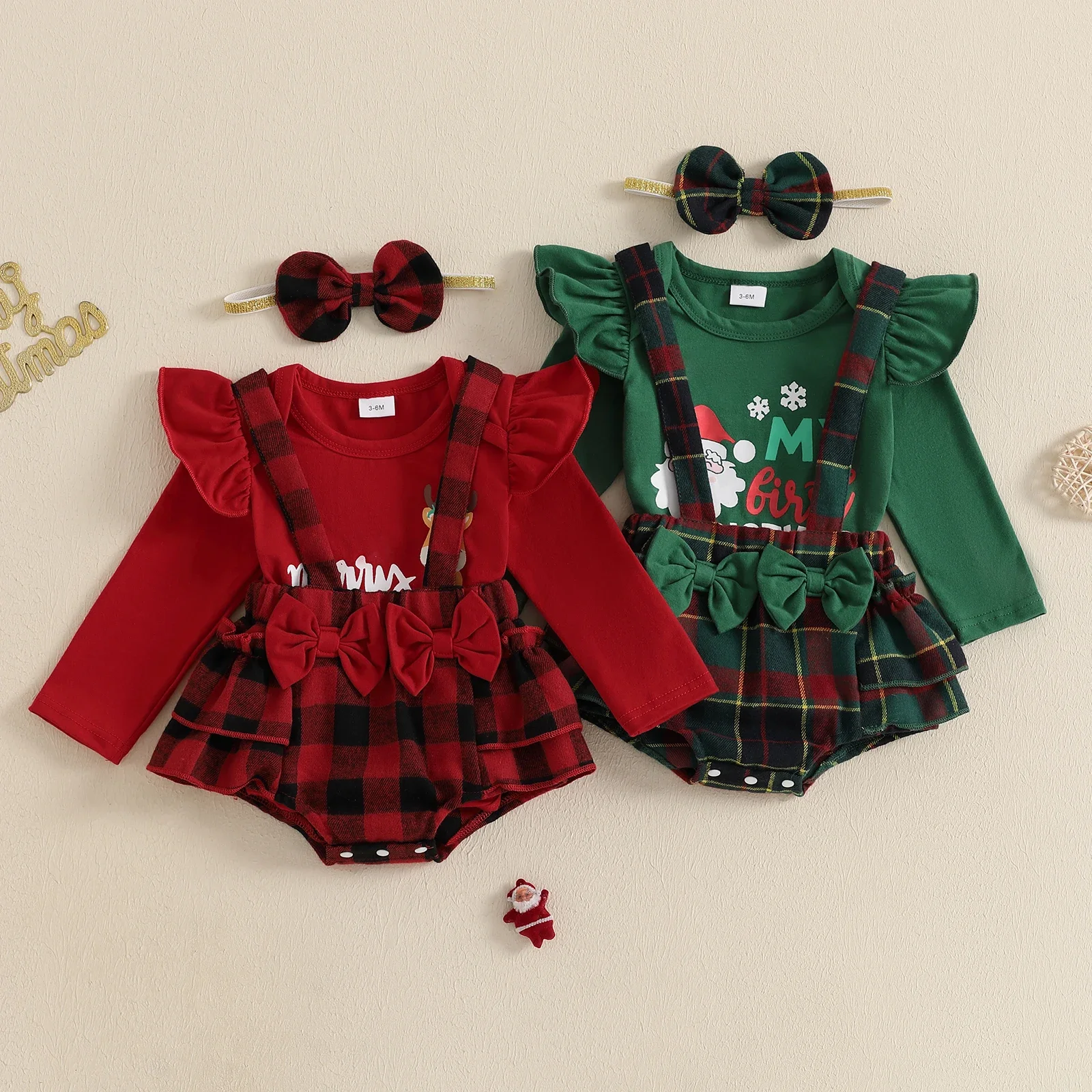 0-18 Months Baby Girls Christmas Outfit Letter Print Long Sleeve Romper and Plaid Suspender Skirt Cute Headband 3 Piece Clothes