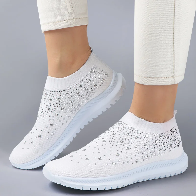 Vulcanized Sock Shoes 2023 Women Trainers Knitted Sneakers Ladies Slip-on Sparkly Crystal Zapatillas Mujer Casual Plus Size 43