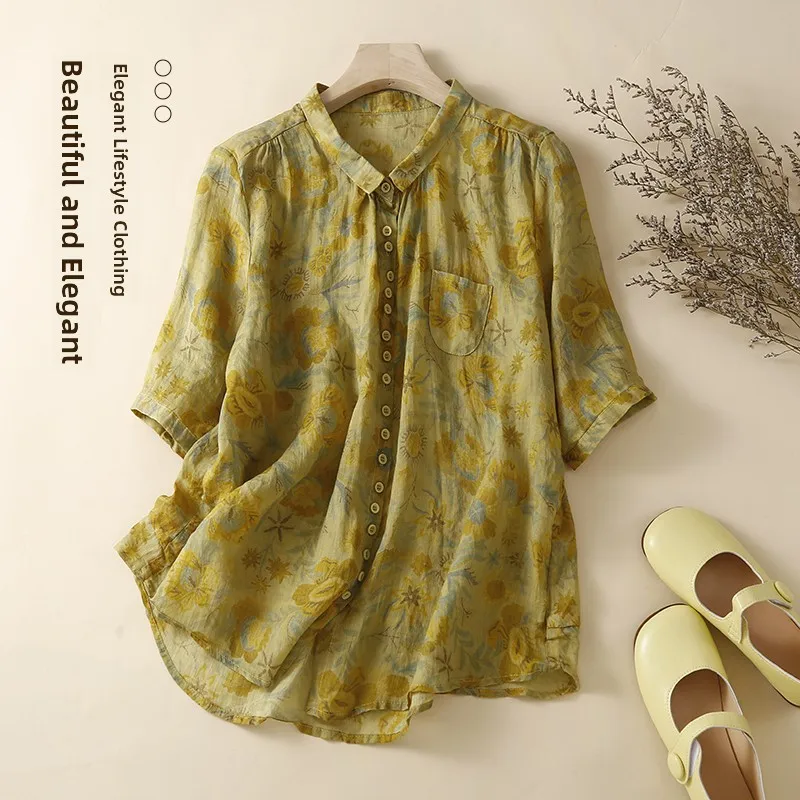 

Summer New Vintage Floral Hemp irt Women Loose Slimming mid Sve Thin irt Trendy Top Commute Sle Button Plaet Regul...