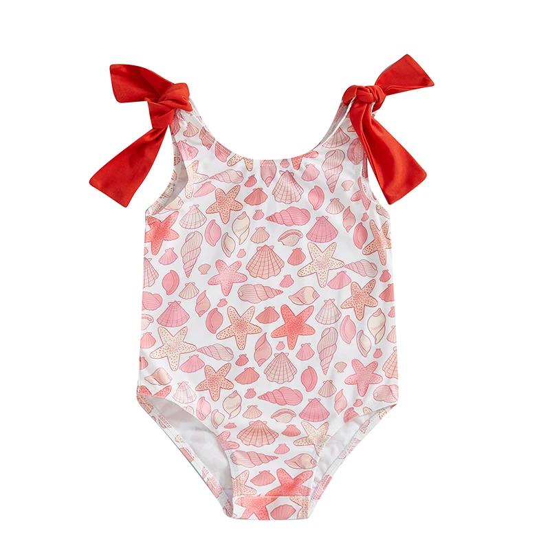 

Toddler Girl Swimsuit Cute Starfish Seashell Print Sleeveless Bow Shouder Bathing Suit Baby Swimwear
