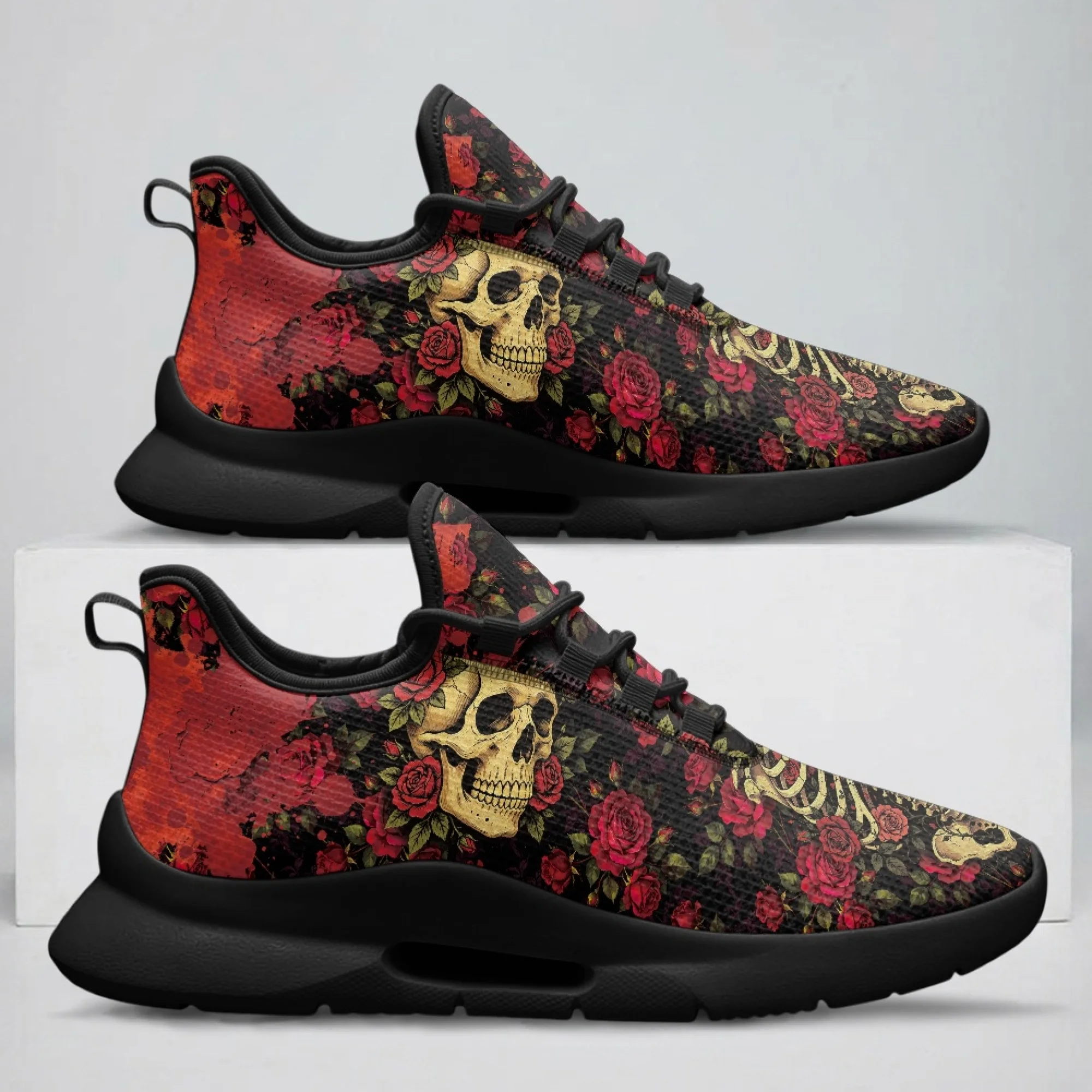 XIXIRIMIDO Skull Rose Lace-up Casual Shoes Mens Sneakers Comfortable Mesh Breathable Walking Shoes Women's Fashion Sneakers