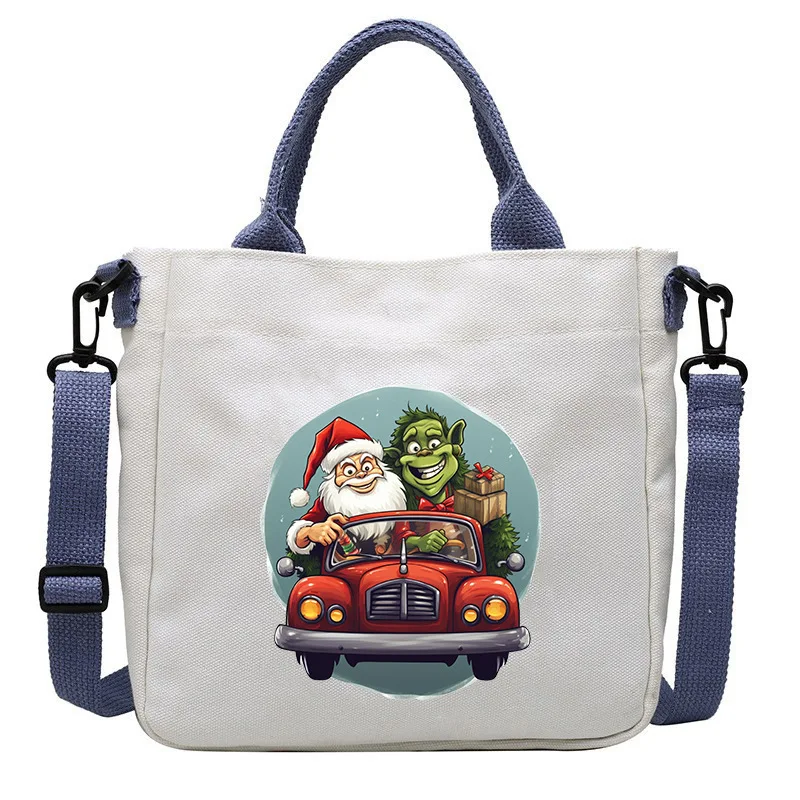 

Christmas Green Haired Monster Grinch Santa Claus Cartoon Printed Canvas Shoulder Bag Convenient Handbag Eco Crossbody Bag