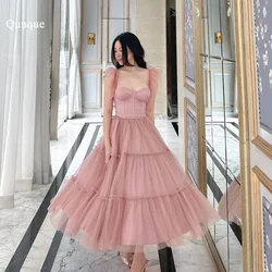 Qunque Straps Tulle Formal Prom Dresses Customized Skirt Ruched A Line Evening Gowns فساتين سهرة Women Cocktail Robes De Soirée