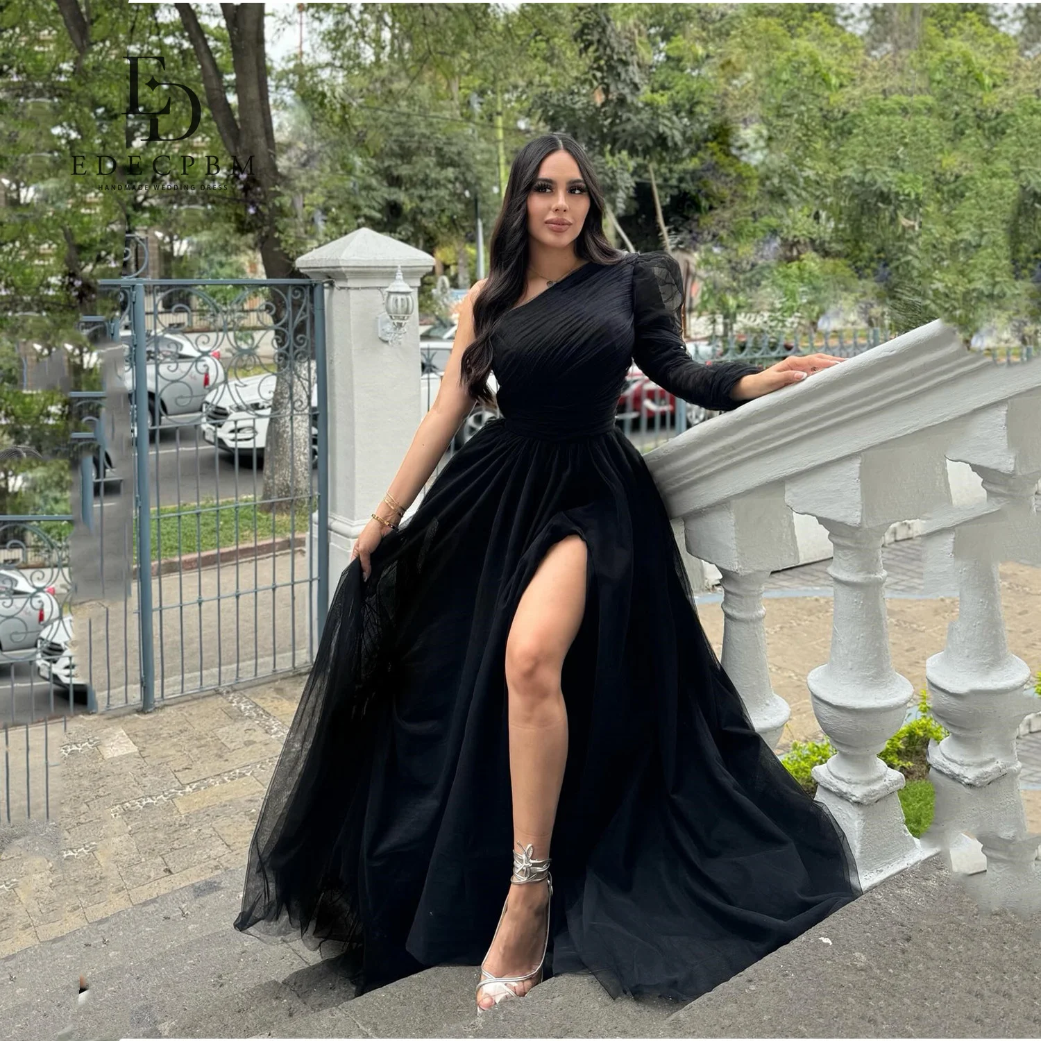 

EDECPBM One Shoulder Dresses Gala Black Rhinestones Customized Long Dress Side Slit Evening Dresses 2025 Wedding Party Dress