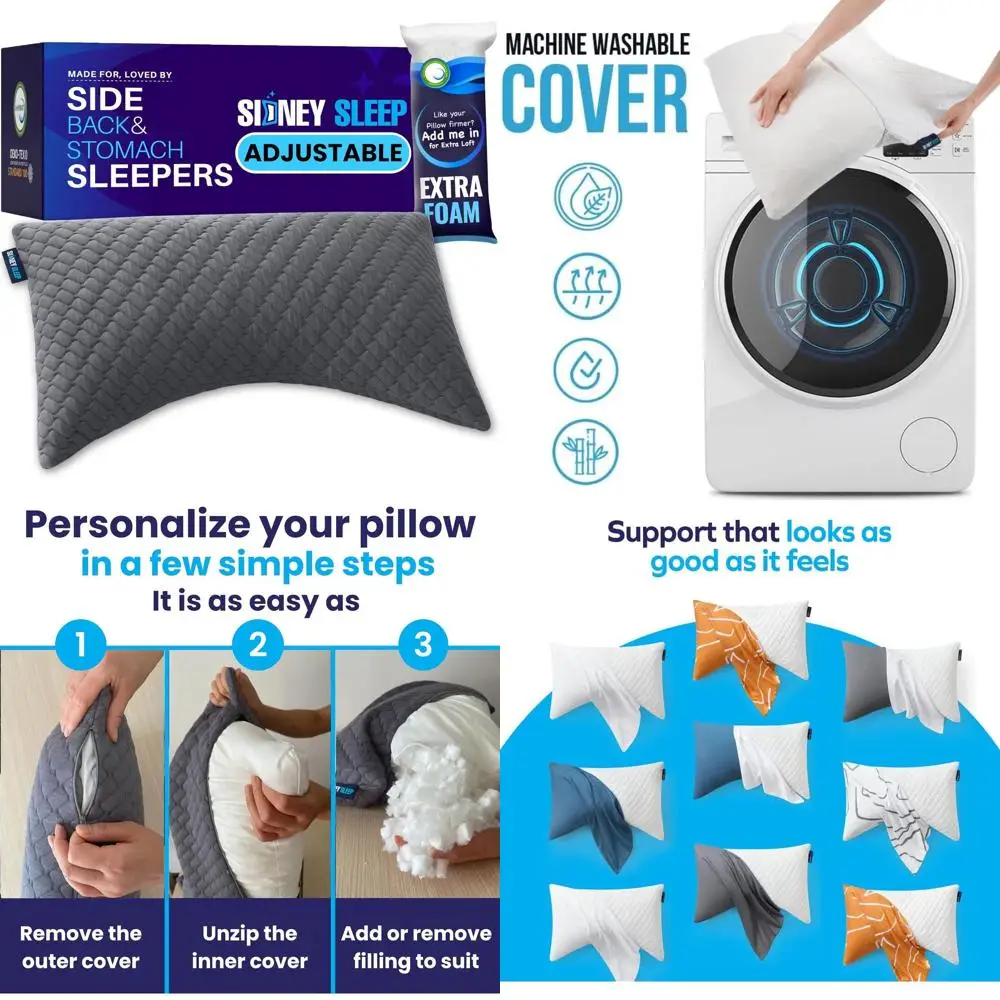 

Регулируемая подушка из пены с эффектом памяти размера «queen-size» для сна по бокам и спине — поддержка шеи и плеч с настраиваемым лофтом (серая)