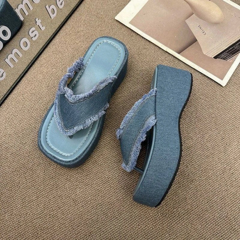 

​Wave-Platform Slippers Denim-Weave Construction Biomechanical Arch Design Artisanal Edging Coastal Terrain Grip Technology