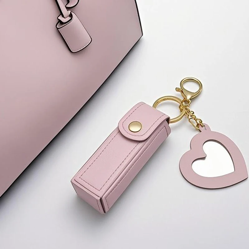 Solid Color Portable Lipstick Bags Wallet Keychain Mini Storage Bag For Women Lipsticks Protective Cover With Mini Makeup Mirror