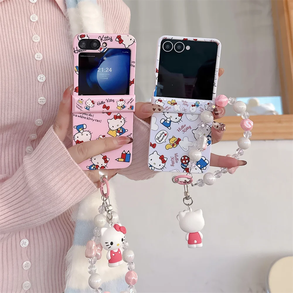

Cute cake HelloKitty Phone Case for Samsung Galaxy Z Flip7 Flip6 flip5 flip4 3 Cover Fundas Cartoon Protective Cases With Chain