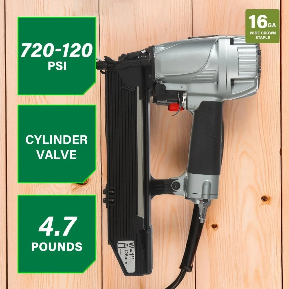 Store Best-Sellers Pneumatic Wide Crown Stapler Lathing Tool for Sheathing Insulation 16 Gauge 1 to 2 Inch 4.3"L x 16.7"W