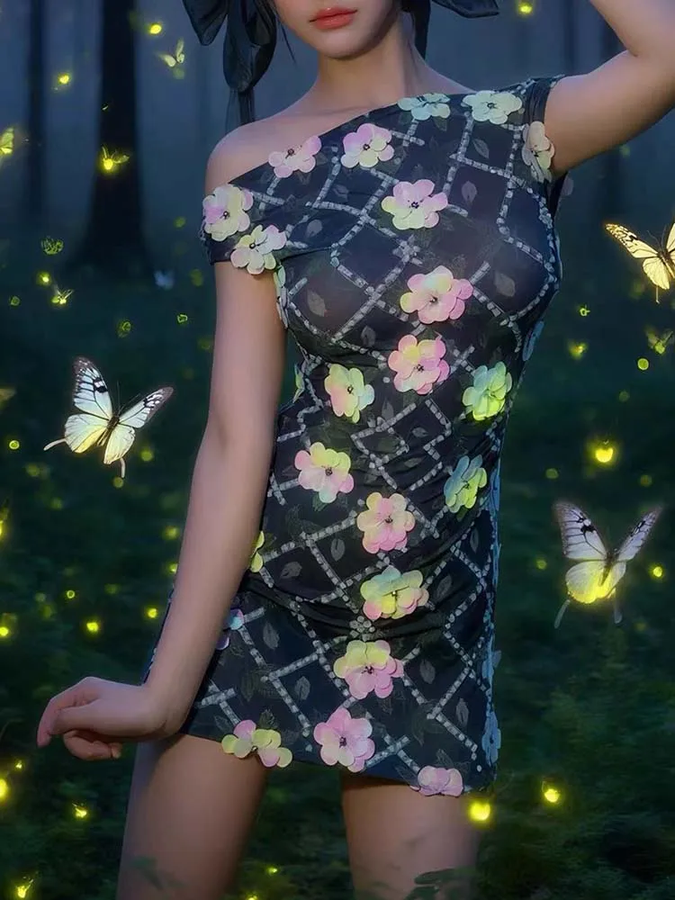 High Quality Hot Stamping Decal Sexy One Shoulder Elastic Dress 2025 New Fashion Custom Women'S Clothing