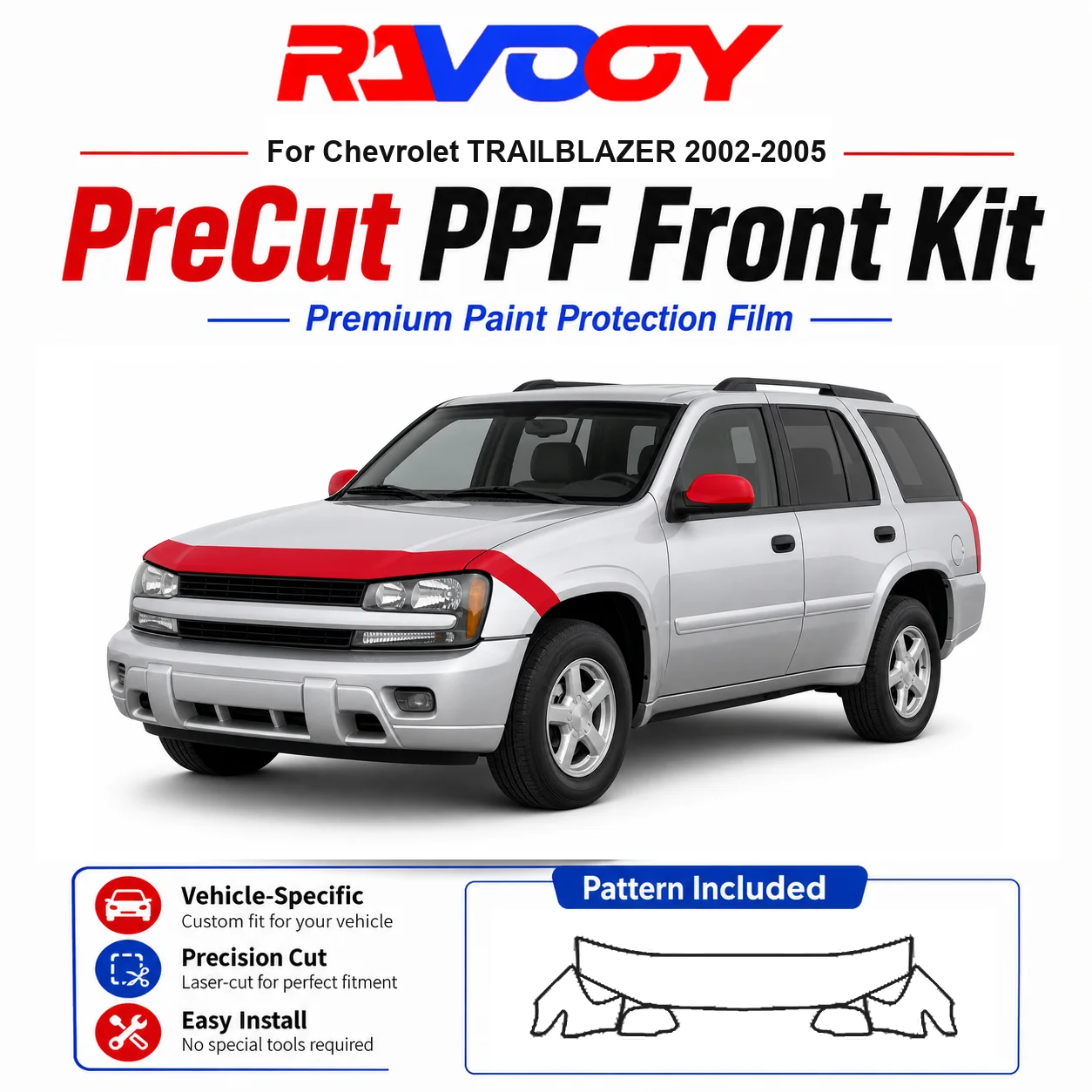 

8.5mil TPU Precut PPF Kit For Chevrolet TRAILBLAZER 2002-2005 - Hood, Fenders & Mirror Set - Self-Healing Clear Bra Film