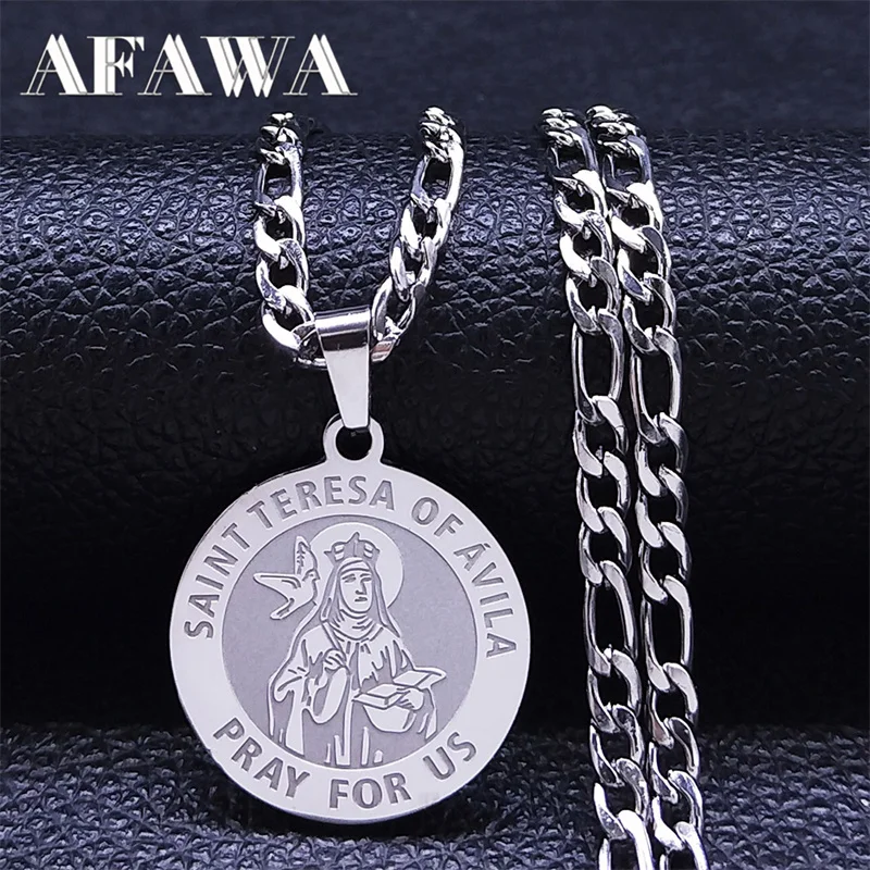 Collar católico de San Teresa de Avila de acero inoxidable para mujeres y hombres, cadena de protección para rezar nosotros, collares de joyería N3018