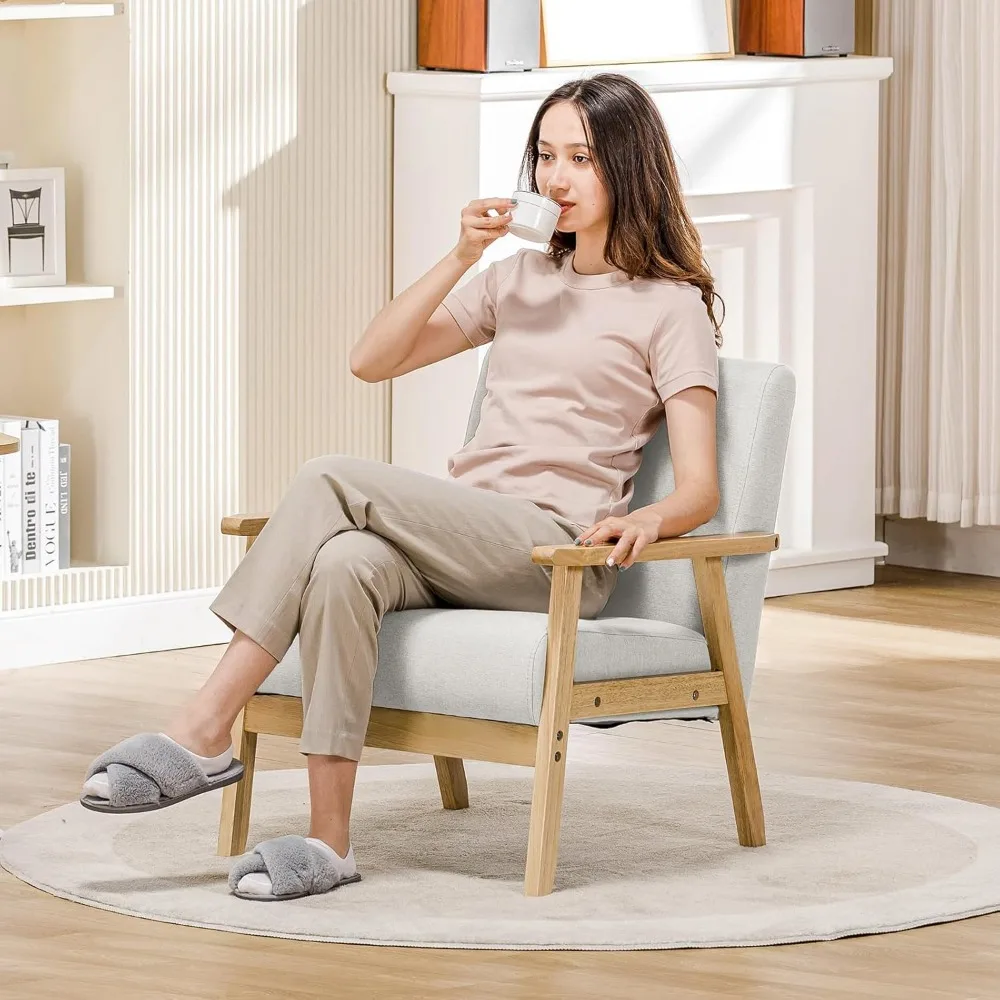 Chaise d'appoint moderne du milieu du siècle, chaises de salon avec accoudoir en bois massif, fauteuil de lecture confortable pour chambre à coucher