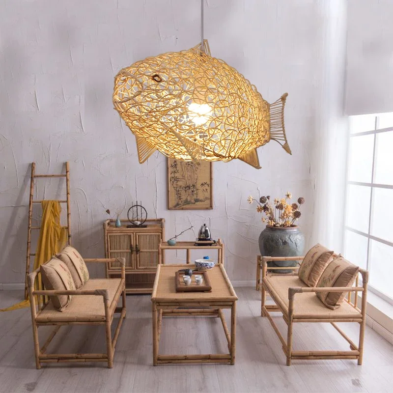 Modern Simple Rattan Fish Chandelier Restaurant Personality Creative Hand-woven Fish-shaped Lamp