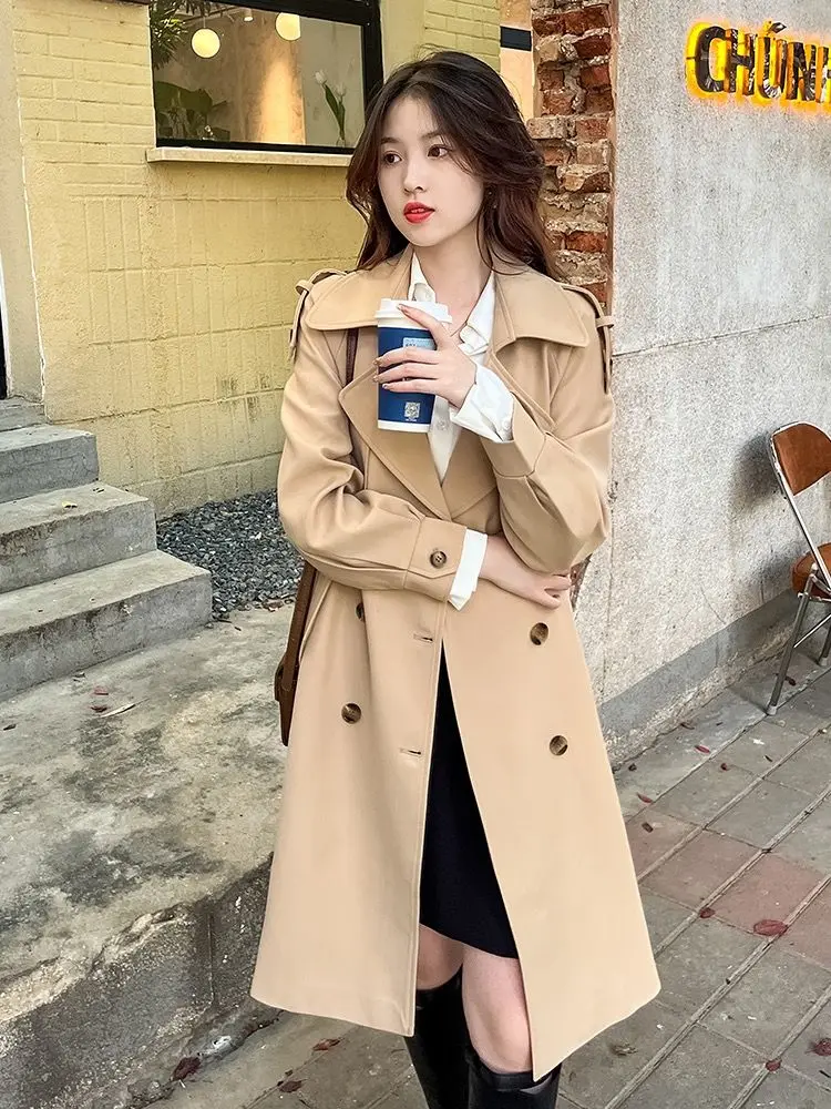 

Khaki Trench Coat Women Autumn Solid Double-breasted Medium-length Female Windbreakers 2025 New Casual Spring British Style Coat