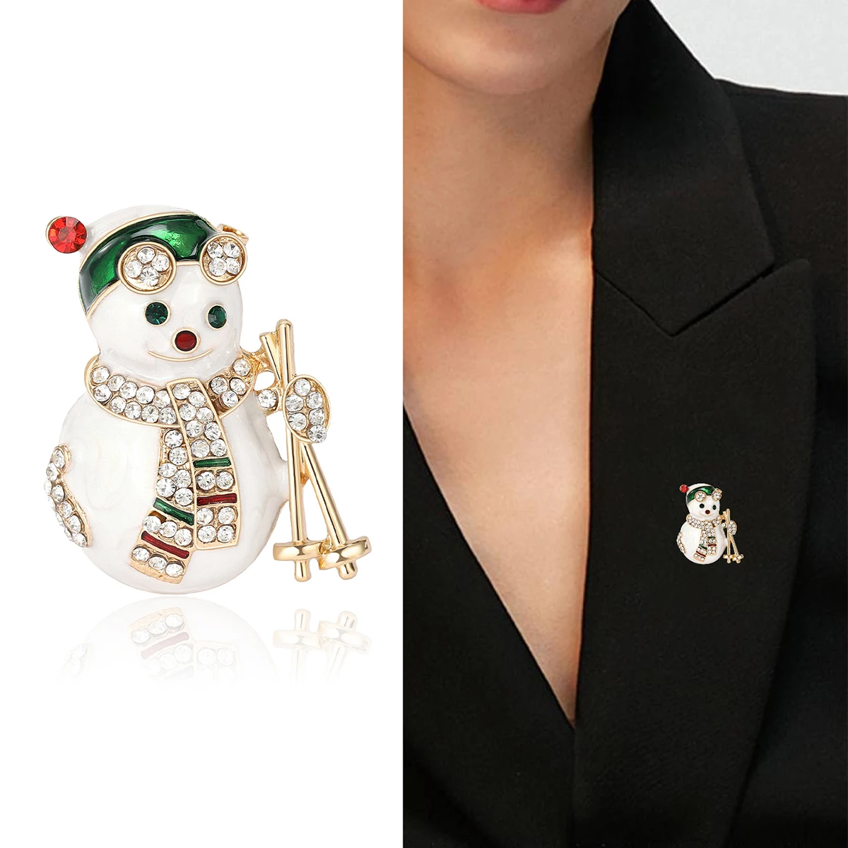 Christmas Rhinestones Ski Snowman Brooch for Women Unisex Enamel Snowball Pin Event Party Backpack Decoration Clothes Accessory