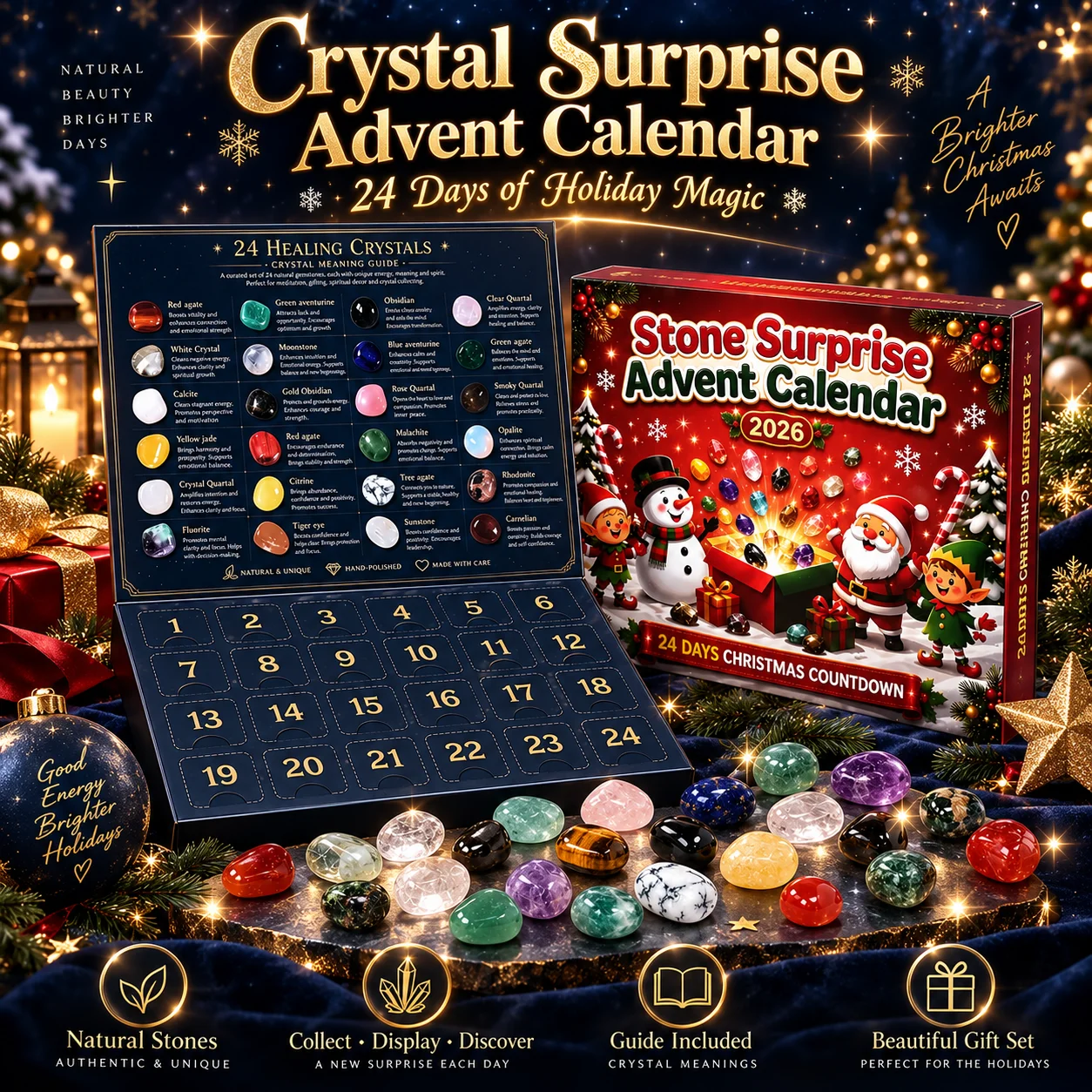 24 Day Christmas Advent Calendar 2026 Natural Crystal Gemstone Mineral Stone Mystery Box Countdown Holiday Gift Collection