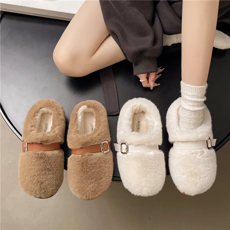 

Baotou Cotton Mall Winter New Round Toe Deep Mouth Metal Buckle Non-slip Plush Flat Slippers
