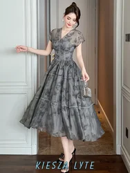 Fashion party 2024 Summer New French Vintage V-neck Floral Midi Bodycon Dress Elegant Gray birthday dresses for women vestidos