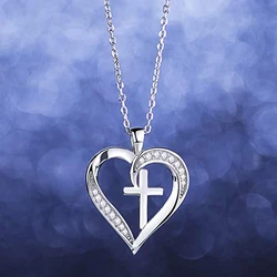 Huitan Creative Heart with Cross Design Pendant Necklace for Women Wedding Anniversary Party Statement Neck Accessories Jewelry