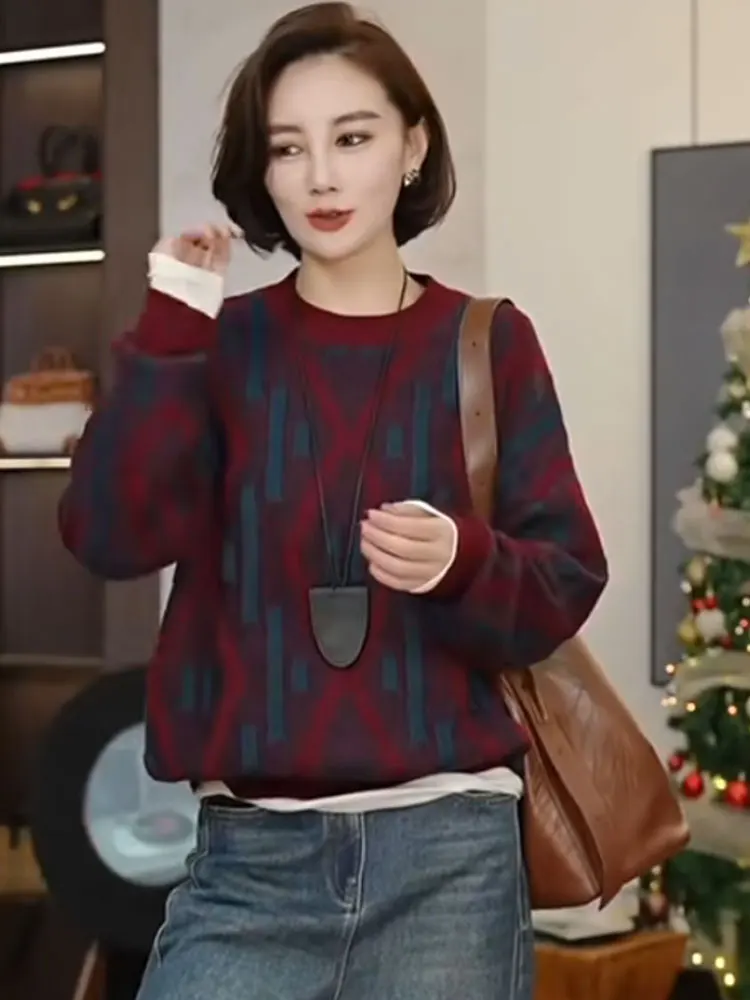 

American Retro College Sle Color Blo round Ne Long Sve Camere Sweater Lazy Knitted High End Feeling Women's Faion