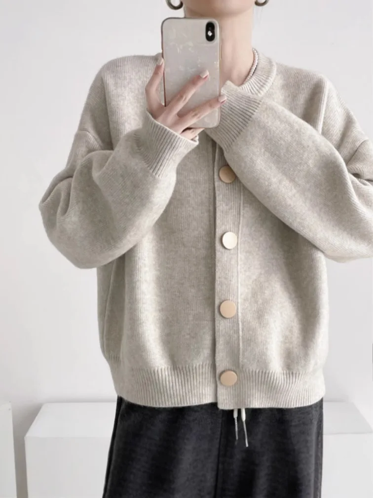 

Женские кардиганы, свитер с круглым вырезом, осень-зима, вязаные свободные кардиганы, однотонные однобортные женские свитера