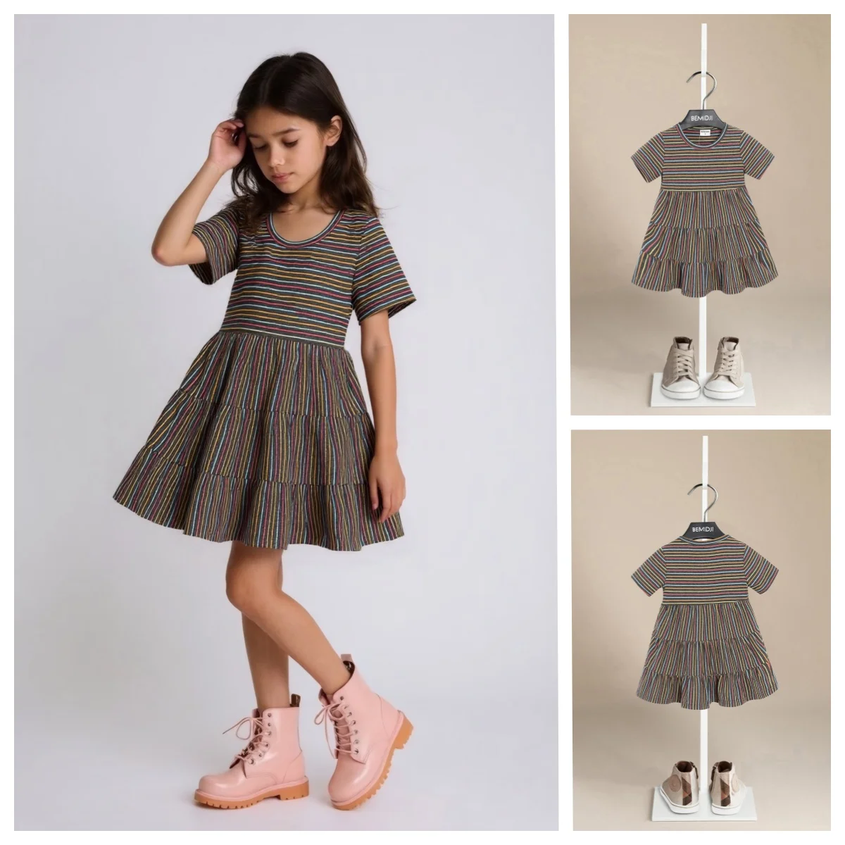 

New Summer 2-7T Princess 2025 Baby Dresses Applique Rainbow Cute Party Girls Tutu Dresses Cotton Stripe Children's Girls Dress