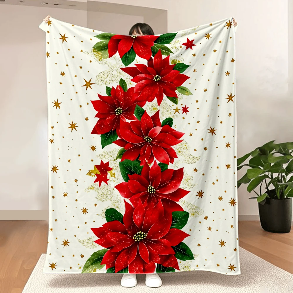 1PC Poinsettia and Gold Star Print Blanket-Made of soft, fluffy flannel, perfect for sofas, beds or loungers. Great choice for C