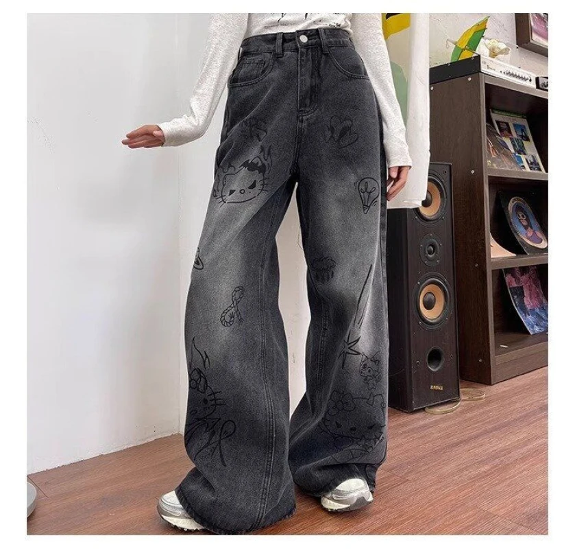 Vintage Cartoon Cute Scrawl Y2k Jeans American High Street All-match Pants for Women 2024 Spring Summer New Jeans Women