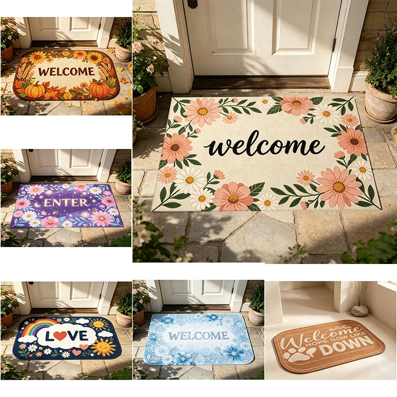 Multi‑Style Welcome Doormat Assorted Seasonal Floral Letter Art Floor Mat for Front Door Porch Entry Home Interior Decoration