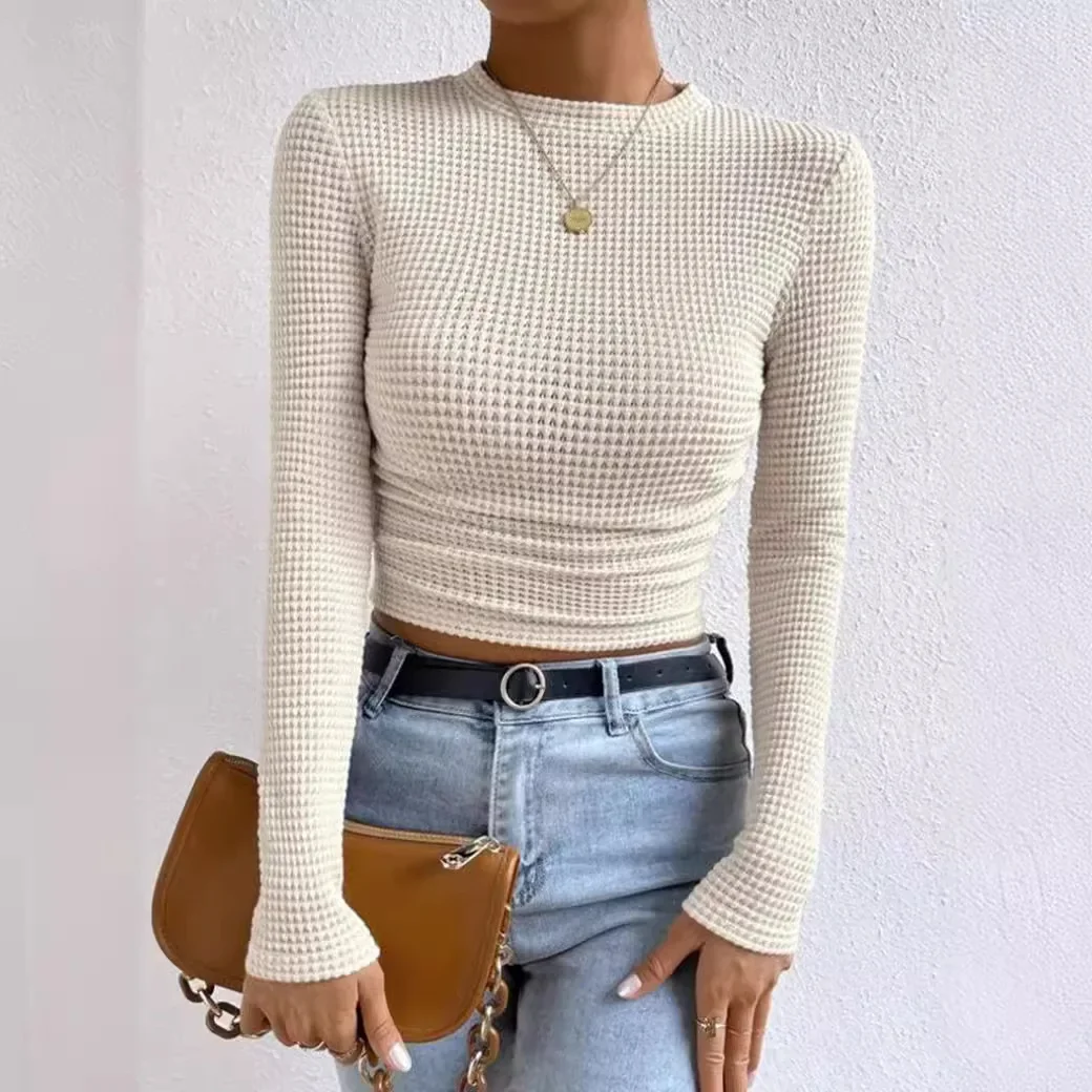 

White Autumn T-shirt Women O-Neck Clothese Long Sleeves Winter Crop Top Solid Knitted T Shirt Female Streetwear Sexy Cropped Top