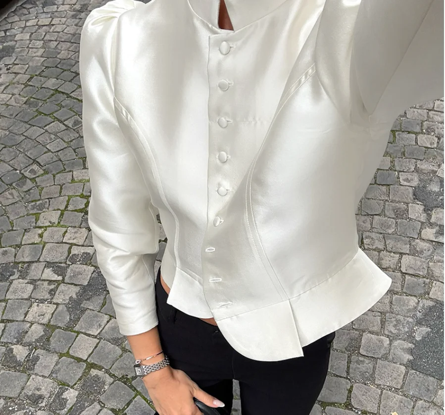 

Women's Shirt 2026 Spring New Solid Color Stand Up Collar Bubble Sleeve Long Sleeve Temperament Commuting Single-Breasted Blouse