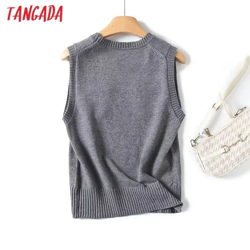 Tangada Spring Women Gray Crop Waistcoat Pocket Female Chic Knitted Vest 4C323