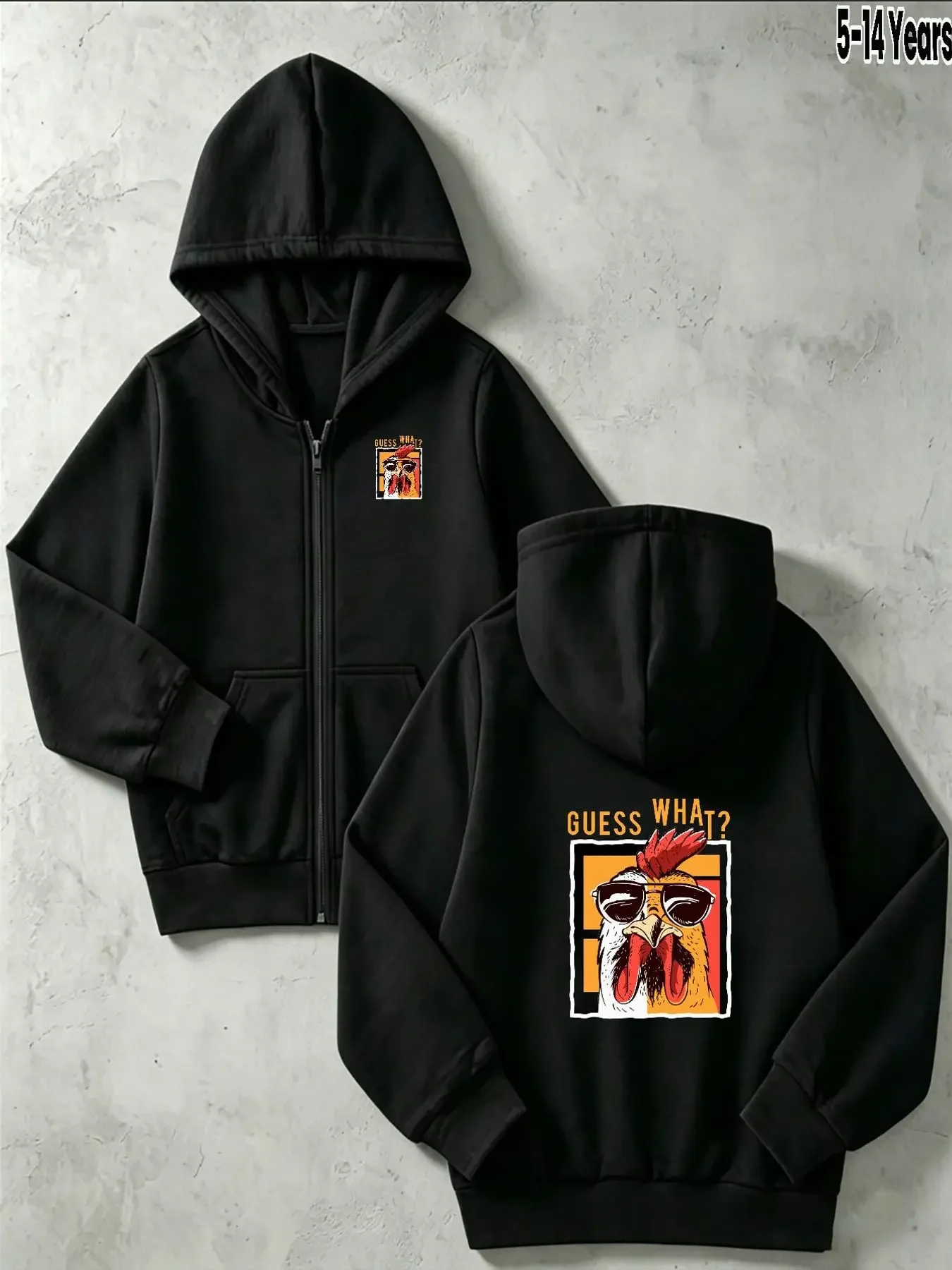 Kids Zip Up Hooded Jacket Guess What Cool Rooster With Sunglasses Graphic Long Sleeve Casual Outerwear For Boys Girls Aged 5 To