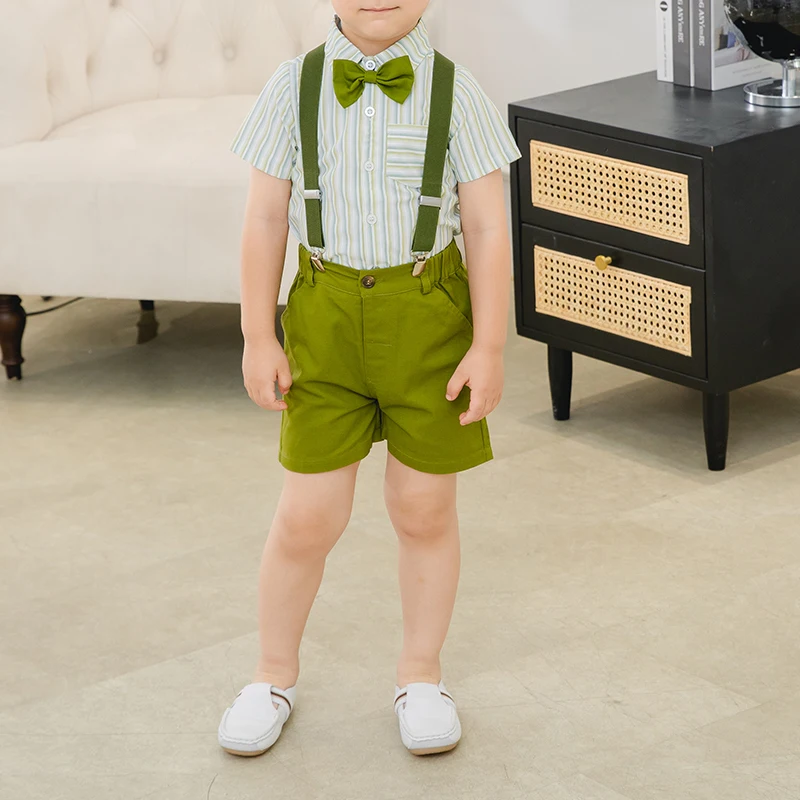 Baby Boy Summer Shorts Outfits Toddler Gentleman Suit Short Sleeve Striped Shirt Bowtie Solid Color Suspender Shorts