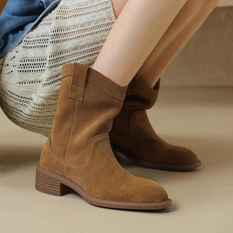 

Khaki Cow Suede Women Western Boots Simple Design Slip On Autumn Botines Black Square Med Heels Winter Motorcycle Botas Sapatos