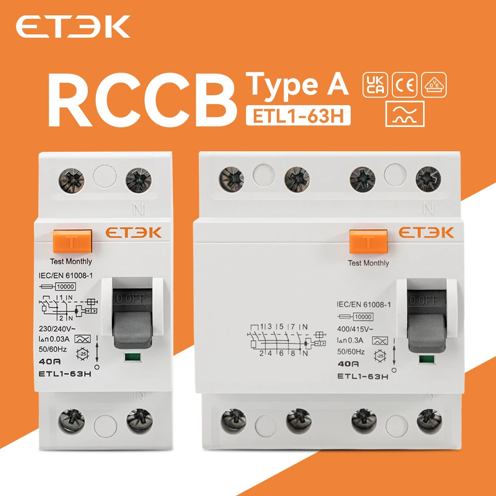ETEK Tipo A RCCB Eletromagnético 4 Pole25A 40A 63A RCD 30mA 100mA 300mA 10KA Disjuntor de corrente residual