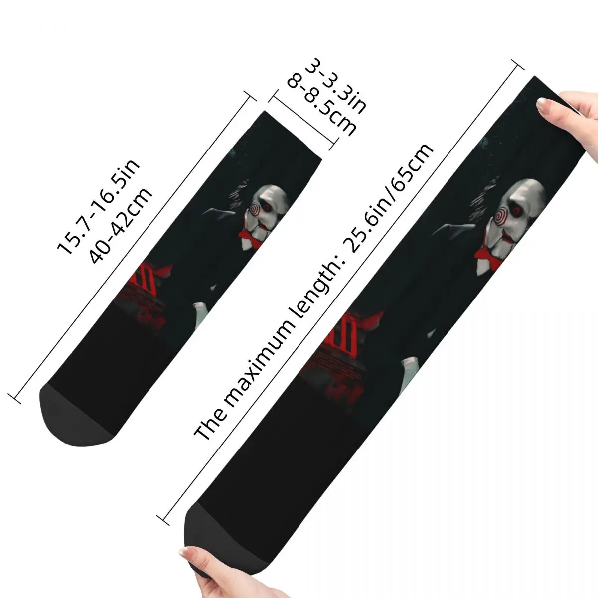 Funny Crazy Sock for Men Thriller Mystery Horror Hip Hop Vintage Saw Movie Poster Happy Seamless Pattern Printed Boys Crew Sock